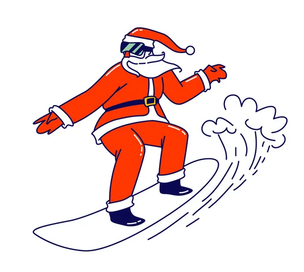Babbo Natale Equitazione Snowboard da montagna. Padre Noel in occhiali da sole e costume rosso festivo eseguire acrobazie estreme — Vettoriale Stock