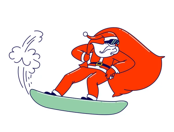 Attività delle vacanze invernali, personaggio di Babbo Natale in costume festivo rosso e regali sacco eseguire acrobazie salto su snowboard — Vettoriale Stock