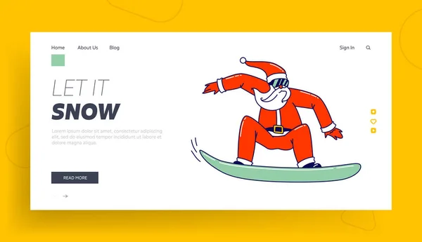 Babbo Natale divertente in costume rosso tradizionale eseguire acrobazie su Snowboard Landing Page Template. Attività sportive natalizie — Vettoriale Stock
