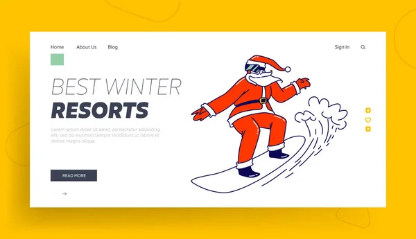 Babbo Natale personaggio equitazione Snowboard Landing Page Template. Padre Noel in occhiali da sole, costume eseguire acrobazia estrema — Vettoriale Stock