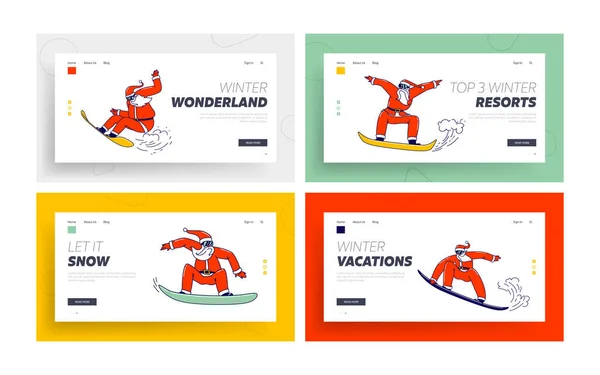 Santa Claus Stunts uitvoeren op Snowboard Landing Page Template Set. Kerstpersonages in zonnebril Snowboarden Sport — Stockvector