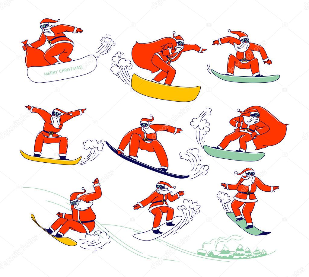 Set of Santa Claus in Red Festive Costume Perform Stunts on Snowboard. Christmas Characters with Gift Bags Snowboarding Sport Activity, Fun and Holidays Spare Time. Linear Vector Illustration, Icons