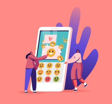 Kadın Karakterler Cep Telefonu ile Metin Mesajları Gönderiyor. SMS Gönderme Uygulamasıyla Büyük Akıllı Telefondaki Küçük Kadınlar