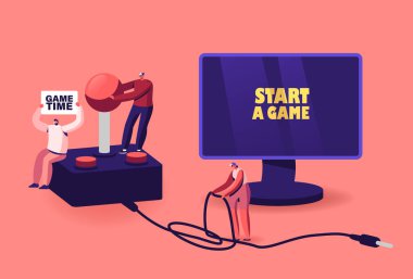 Video oyunları eğlencesi, oyun bağımlılığı, hobi konsepti. Küçük Erkek ve Kadın Oyuncular Karakterleri Bilgisayarda Video Oyunları Oynuyor