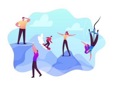 Riskli Davranış, Aşırı Eğlence ve Tehlike Faaliyeti Konsepti. Risk Alıcılar Erkek ve Kadın Karakterler Bungee jumping