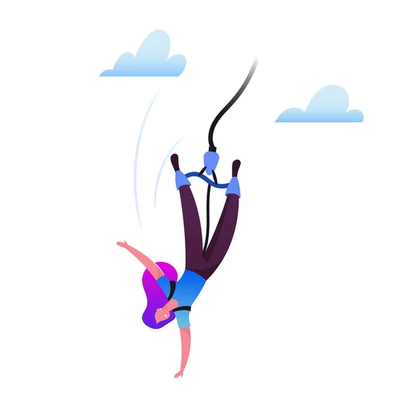 Bungee Jumping Concept. Brave Femme Sauter avec Corde de Grande Hauteur. Activités Sportives Extrême, Fun, Loisirs à Risque — Image vectorielle