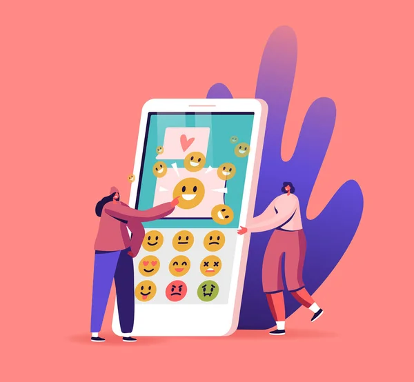 Caractères féminins envoyant des messages texte par téléphone mobile. Petites femmes à Smartphone énorme avec application pour l'envoi de SMS — Image vectorielle