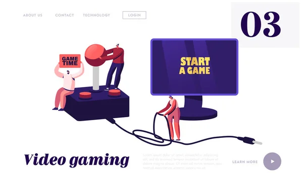 Video Games Recreation, Gaming Addiction, Hobby Landing Page Template. Tiny Gamers Playing Videogames at Huge Console