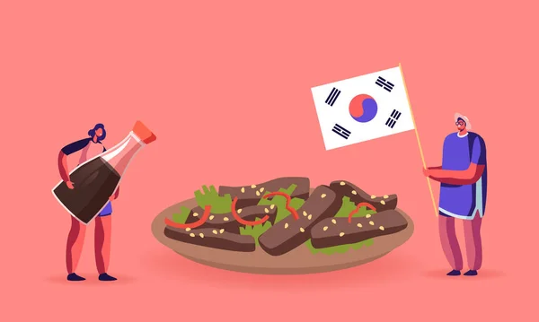 Характери споживають корейську продовольчу концепцію. Man Holding Flag of Korea, Woman with Soy Sauce near Huge Bowl with Roasted Meat. — стоковий вектор