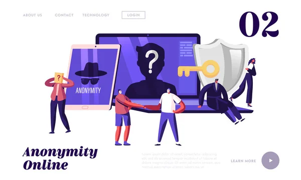 Privacidade na Internet, Informações Proteção Privada Landing Page Template. Personagens minúsculos no enorme laptop e tablet dispositivo — Vetor de Stock
