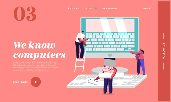 Plantilla de Landing Page de gente escribiendo, trabajo de oficina, educación o tecnología. Pequeños personajes en el monitor enorme con teclado — Vector de stock