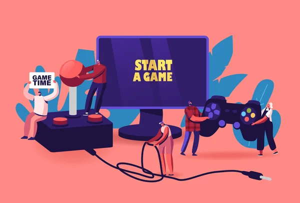 Βίντεο παιχνίδια Αναψυχή, Hobby Concept. Μικροσκοπικοί αρσενικοί και θηλυκοί χαρακτήρες με τεράστιο gamepad και Joystick που παίζουν Videogames — Διανυσματικό Αρχείο