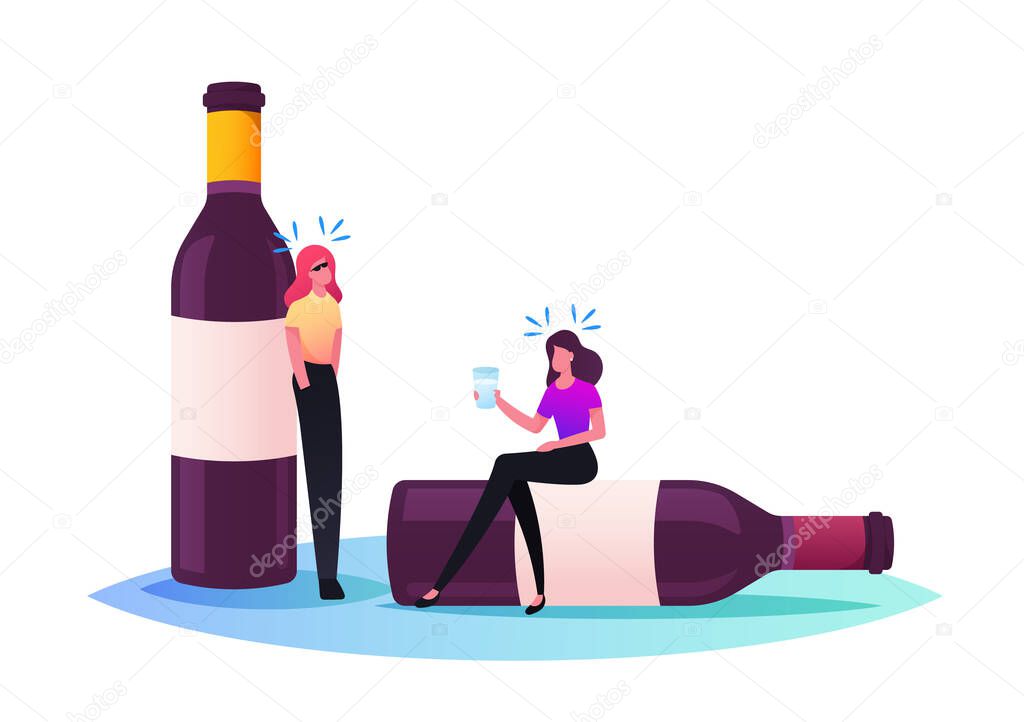 Female Characters with Hangover Syndrome Sit on Empty Alcohol Bottles after Party Celebration or Drinking Bout with Friends