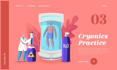 Cryonics Teknoloji Araştırma İniş Şablonu. Kadın Bilimadamı Karakteri Nitrojen içeren şişeyi konteynıra koydu