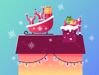 Noel Baba Karakterleri Ren Geyiği Sledge 'de oturuyor Çatıdaki Hediye Fırlat Baca' ya. Kış Tatilleri