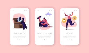 Psikolojik Yardım Mobil Uygulama Sayfası Ekran Şablonu. Duygusal ya da Zihinsel Bozukluk Doktoru Karakterleri