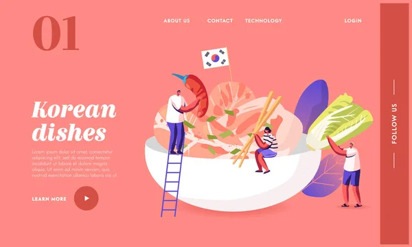 Charakteristika Jídlo, Vaření Tradiční korejská kuchyně Landing Page Template. Lidé s chilli paprikou, tyčinkami a salátem — Stockový vektor