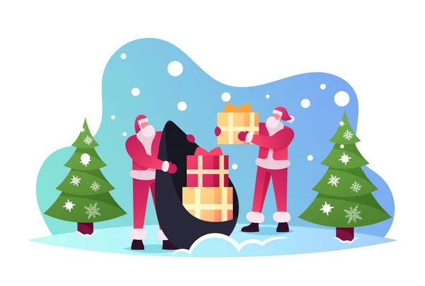Der Weihnachtsmann in rotem Kostüm nimmt auf winterlichem Hintergrund mit Tannenbäumen Geschenkboxen aus dem Sack. Weihnachten und Neujahr — Stockvektor