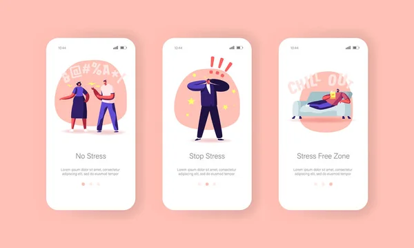 Stop Stress Mobile App Page Plantilla de pantalla a bordo. Los personajes necesitan ayuda profesional, personas que luchan, trastorno mental — Vector de stock