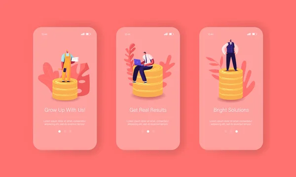 Business Consulting Mobile App Page Plantilla de pantalla a bordo. Pequeños personajes masculinos en la enorme pila de monedas de oro — Archivo Imágenes Vectoriales