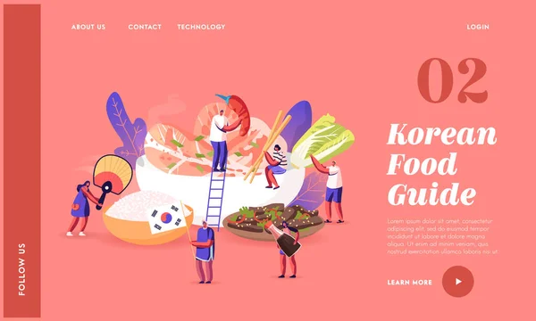 Personajes Comer y cocinar Cocina Coreana Landing Page Template. Personas con Abanico Nacional, Turistas alrededor de Enorme Plato — Archivo Imágenes Vectoriales