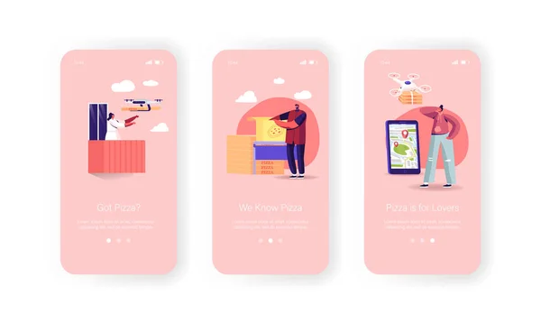 Pizzaschachteln mit Luft-Drohnen, die den Kunden die mobile App-Seite Onboard Screen Template liefern. Ferngesteuerte Quadcopter-Essenszustellung — Stockvektor