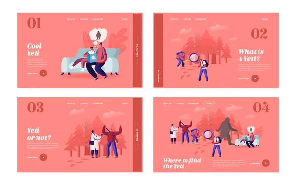 Buscar personas Yeti Landing Page Template Set. Leyendo cuentos de hadas sobre Pie Grande, Bestia Shaggy cubierto de pelo largo — Archivo Imágenes Vectoriales