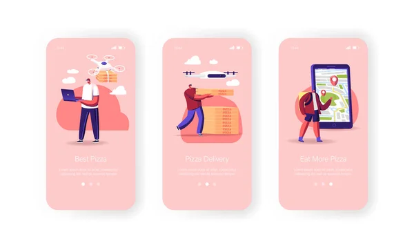 Mensen die Drones gebruiken voor Pizza Delivery Mobile App Page Onboard Screen Template. Quadcopters brengen voedsel naar personages — Stockvector