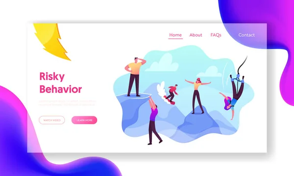 Riskant gedrag, Extreme Recreatie en Gevaar Activiteit Landing Page Template. Risico Takers Karakters Bungee Springen — Stockvector