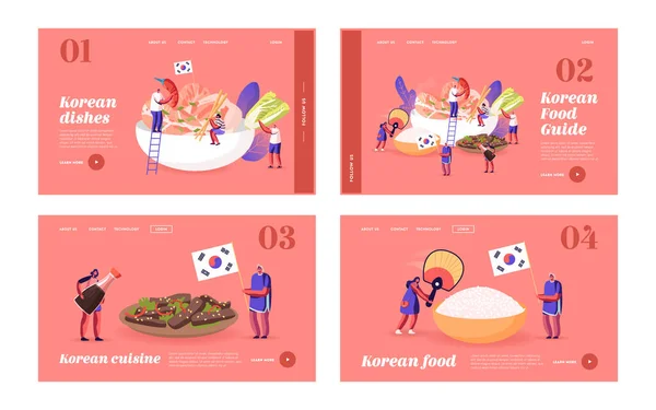 Characters Eating and Cooking Korean Cuisine Landing Page Template Set. People with Fan near Huge Dish with Rice — Stock Vector