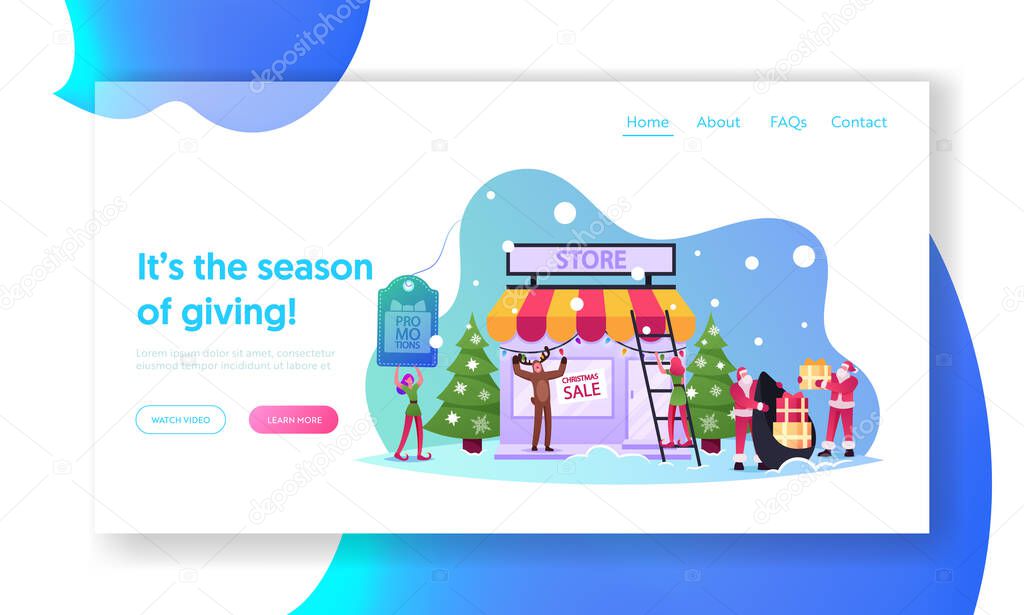 Christmas Promotion Landing Page Template. Santa Claus Character with Gift Bag, Elf with Sale Banner, Deer Xmas Promo