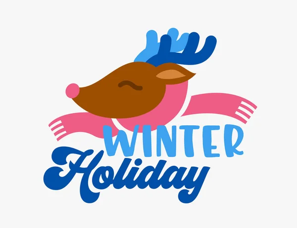 Carte de voeux de Noël avec cerf drôle mignon en tricot chaud écharpe et typographie vacances d'hiver sur fond blanc — Image vectorielle