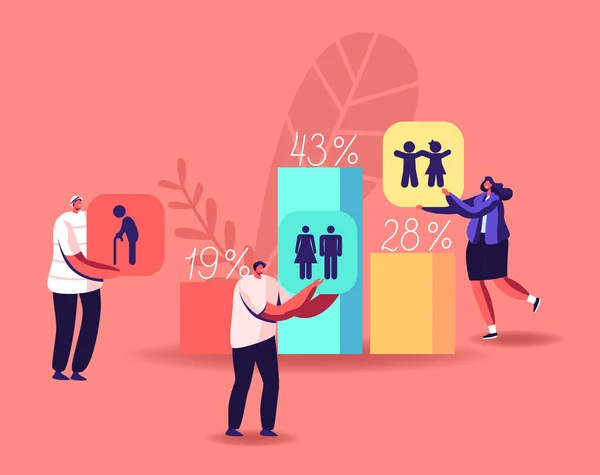 Tiny Male and Female Characters at Huge Column Charts with Demographic Aging Statistics Data of Human Ages in World — стоковий вектор