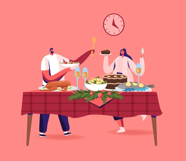 Cena de Navidad en Pareja, Hombre Feliz, Personajes Femeninos Celebrando las Fiestas de Navidad en la Mesa con Pavo Comidas Tradicionales — Vector de stock