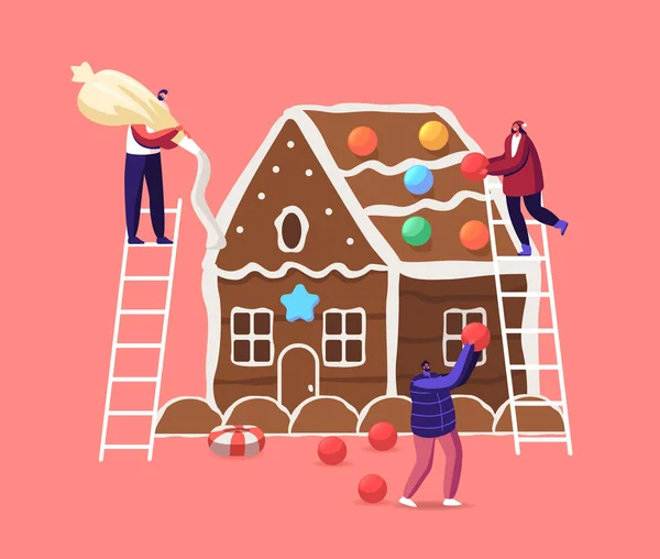 Pequenos personagens masculinos e femininos decoram uma enorme casa de pão de gengibre de Natal com biscoitos, natas e doces. Atividade festiva — Vetor de Stock