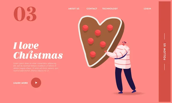 Modèle de page de débarquement pour les fêtes de Noël ou le Nouvel An. minuscule mâle dans Santa chapeau tenant énorme pain d'épice Cookie — Image vectorielle