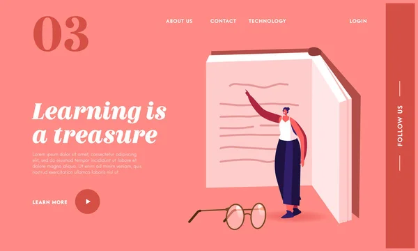 Learning, Education in University or College Landing Page Template Tiny Female Character at Huge Textbook, Exam — стоковий вектор