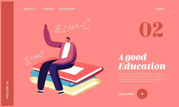 Wiedza i edukacja Landing Page Template. Tiny Student Character siedzieć w ogromnych podręczników w klasie Podnoszenie ręki — Wektor stockowy