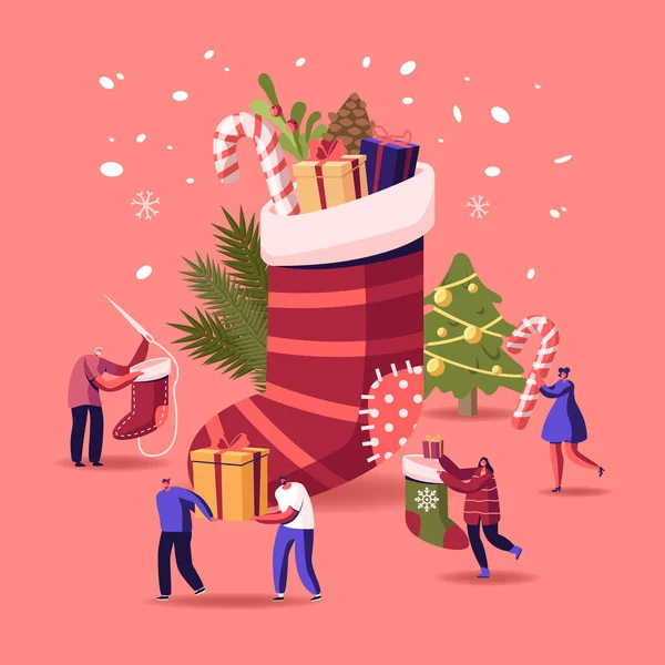 Happy Characters Celebrating Christmas Party having Fun and Dancing at Huge Sock with Gifts and Decorated Fir Tree — Stockový vektor