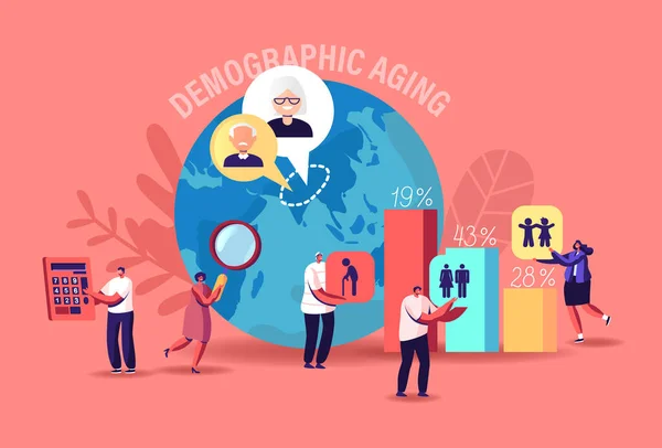 Demografische veroudering Concept. Statistische gegevens voor jongeren, volwassenen en ouderen in de wereld en landen. Aardbol — Stockvector