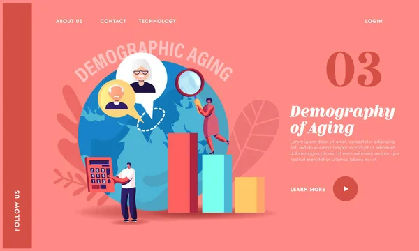 Modelo de página de desembarque de envelhecimento demográfico. Estatísticas Dados para a Idade Humana no Mundo e Países. Personagens minúsculos em gráficos —  Vetores de Stock