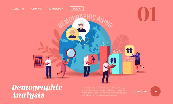 Demografische vergrijzing Statistieken Data Landing Page Template. Jongeren, volwassenen en ouderen in de wereld en landen — Stockvector