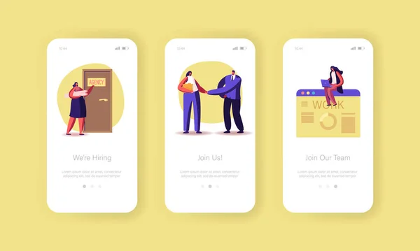 Anställa Agency Mobile App Page Onboard Screen Mall. Karaktärer Sökning Jobb, Arbetsintervju i Office med sökande — Stock vektor