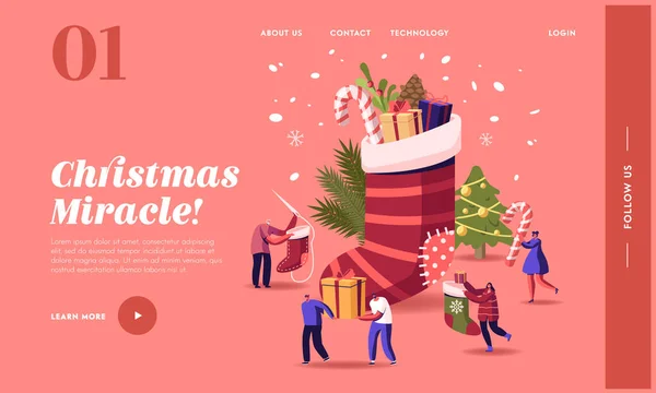 Happy Characters Celebrating Christmas Landing Page Template. Menschen an riesigen Socken mit Geschenken und geschmückter Tanne — Stockvektor