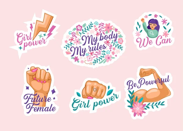 Set of Feminism Stickers, Isolated Icons with Female Hand Show Muscles, Raised Fist, We Can Motto, Sisterhood Unity — Stock Vector