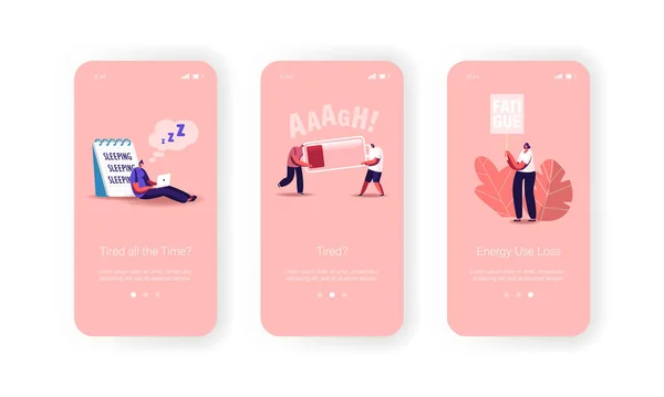 Fatiga Mobile App Page Plantilla de pantalla a bordo. Pequeños personajes agotados masculinos y femeninos con enorme batería de baja energía — Vector de stock