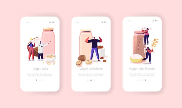 Pagina dell'app mobile per latte vegano Modello a bordo dello schermo. Personaggi minuscoli con bevande non lattiero-casearie biologiche da noci, farina d'avena — Vettoriale Stock