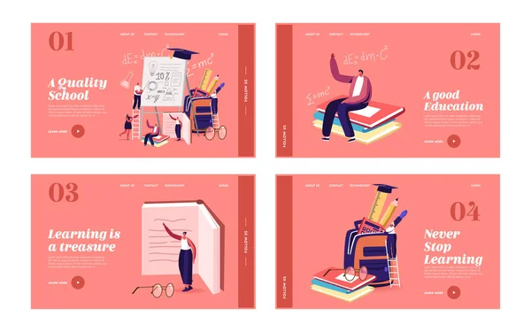 Schoolpresentatie Landing Page Template Set. Kleine studenten Karakters Presenteren Cursus Werk of Diploma Project — Stockvector