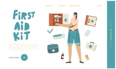 İlaç Bakımı ve Depolama İniş Sayfa Şablonu. Genç Kadın Karakteri Rafa Uyuşturucuyu, İlacı, Sağlık Hizmetlerini Kutuya Koydu