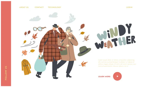 Autumn Season Landing Page Template (em inglês). Casal sênior lutando com vento forte, pessoas idosas andando em tempo ventoso —  Vetores de Stock